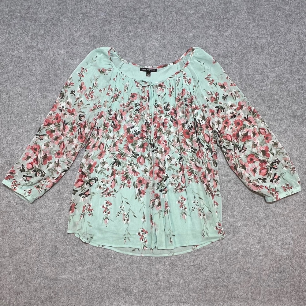 Sara Michelle Mint Green Floral 3/4 Sleeve Blouse Top Large‎ Boho Tie Neck